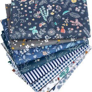 8pcs Navy Floral Cotton Fat Quarter Fabric Bundle for Quilting and Sewing